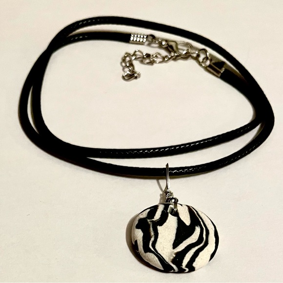 Handmade Clay Necklace Black White Zebra Stripes - Picture 1 of 7